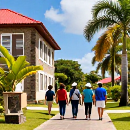 Caribbean Holidays, Antigua Walking Holidays, Friendly local guide leading a small walking group beside historic stone buildings and tropical vegetation in English Harbour, Antigua