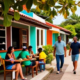 Caribbean Holidays, Antigua Walking Holidays, Friendly travellers enjoying a shaded walking break at a small Antiguan caf&eacute;, with local food, colourful buildings and tropical plants
