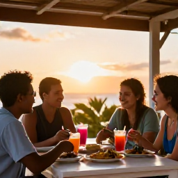 Caribbean Holidays, Antigua Walking Holidays, Friendly travellers relaxing at an outdoor Caribbean caf&eacute; after a walk, with colourful food, cold drinks and a warm sunset atmosphere