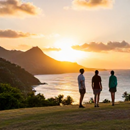Caribbean Holidays, Antigua Walking Holidays, Friendly walkers enjoying a sunset view over Antigua coastline, with warm evening light, tropical hills and the Caribbean Sea