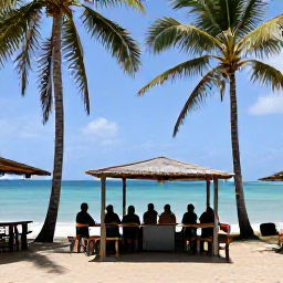Caribbean Holidays, Antigua Walking Holidays, Friendly walkers taking a break at a small Antiguan beach caf&eacute; after a countryside hike, with palm trees and the sea behind them