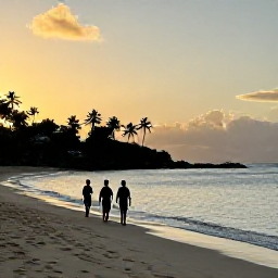 Caribbean Holidays, Antigua Walking Holidays, Golden sandy beach on Antigua at sunset, with walkers beside calm Caribbean water and palms in the background