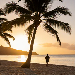 Caribbean Holidays, Antigua Walking Holidays, Golden sunset over an Antigua beach after a day of walking, with palm trees, calm sea and warm evening light