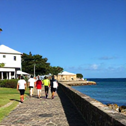 Caribbean Holidays, Antigua Walking Holidays, Historic Nelson&rsquo;s Dockyard in Antigua with walkers exploring stone buildings and harbour views in warm July sunshine
