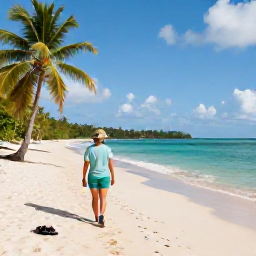 Caribbean Holidays, Antigua Walking Holidays, Traveller relaxing after a walk at a quiet Antigua beach, with walking shoes, palm trees and calm turquoise water