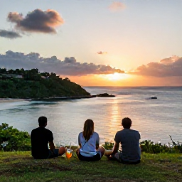 Caribbean Holidays, Antigua Walking Holidays, Travellers relaxing after a coastal walk at an Antiguan viewpoint, looking over a calm bay at sunset with drinks nearby