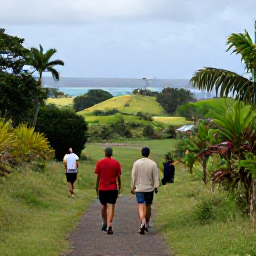 Caribbean Holidays, Antigua Walking Holidays, Walkers following a gentle path through Antigua's green countryside with tropical plants, low hills and distant Caribbean views