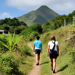 Caribbean Holidays, Antigua Walking Holidays, Walkers following a peaceful trail through Antigua&rsquo;s green countryside, with distant hills and tropical vegetation
