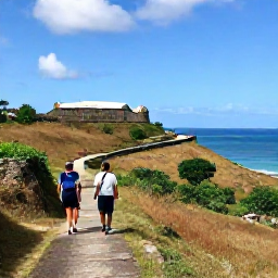 Caribbean Holidays, Antigua Walking Holidays, Walkers following a quiet Antigua hillside path overlooking English Harbour, historic fortifications and the Caribbean Sea