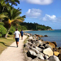 Caribbean Holidays, Antigua Walking Holidays, Walkers following a scenic coastal path near English Harbour, Antigua, passing rocky shoreline, calm blue water and tropical vegetation