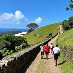 Caribbean Holidays, Antigua Walking Holidays, Walkers following a scenic path through Antigua countryside, with green hills, stone walls and distant Caribbean views
