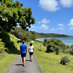 Caribbean Holidays, Antigua Walking Holidays, Walkers following a scenic path through green Antiguan countryside towards a sheltered bay, with tropical vegetation and blue sky