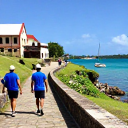 Caribbean Holidays, Antigua Walking Holidays, Walkers following a scenic trail beside English Harbour in Antigua, with restored historic buildings and sailboats in the bay