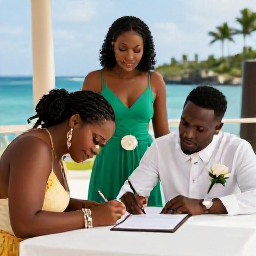 Caribbean Holidays, Antigua Weddings, A couple signing marriage documents at a tropical hotel in Antigua with a friendly local official and wedding planner