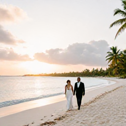 Caribbean Holidays, Antigua Weddings, A newlywed couple walking along a quiet white-sand beach in Antigua at sunset, with calm turquoise water and palm trees