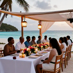 Caribbean Holidays, Antigua Weddings, A relaxed wedding reception on an Antigua beach with long tables, tropical flowers, lanterns and guests enjoying dinner