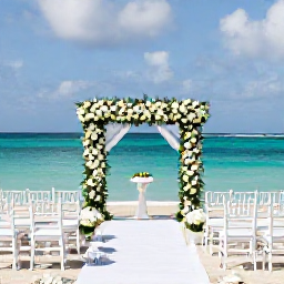 Caribbean Holidays, Antigua Weddings, An elegant beach wedding ceremony in Antigua with white chairs, a floral arch and turquoise Caribbean sea