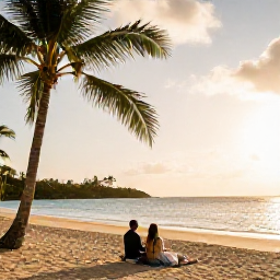 Caribbean Holidays, Antigua Weddings, Newlyweds relaxing on a secluded Antigua beach with a gentle sea, palm trees and warm evening light