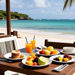 Caribbean Holidays, Antigua Wellness, A healthy Caribbean breakfast on a shaded Antigua terrace, with fresh tropical fruit, juice, local ingredients and a view of the sea