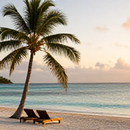 Caribbean Holidays, Antigua Wellness, A peaceful Antigua beach at sunrise in January, with calm turquoise water, soft golden light and a lone sun lounger beneath a palm tree