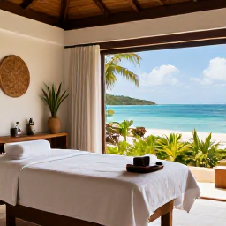 Caribbean Holidays, Antigua Wellness, A tranquil Antigua spa treatment room with natural materials, fresh towels, tropical plants and views towards the Caribbean Sea