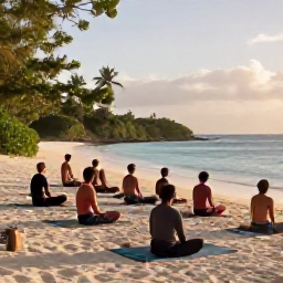 Caribbean Holidays, Antigua Wellness, An outdoor yoga class on a quiet Antigua beach, with adults on mats facing the sea, tropical greenery and warm morning sunlight