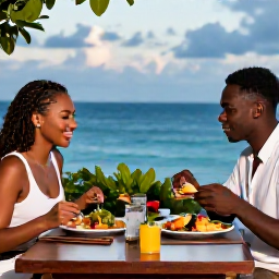 Caribbean Holidays, Antigua Wellness, Couple enjoying a healthy Caribbean meal at an outdoor restaurant in Antigua, colourful fresh food, sea view and evening light