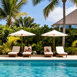 Caribbean Holidays, Antigua Wellness, Couple relaxing in comfortable loungers at an Antigua resort beside a tranquil pool and tropical garden