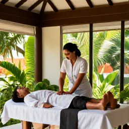 Caribbean Holidays, Antigua Wellness, Elegant Antigua spa treatment room with natural light, tropical greenery and a relaxed guest receiving a massage