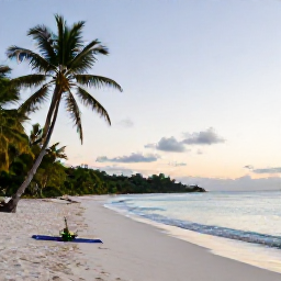 Caribbean Holidays, Antigua Wellness Escapes, A quiet white-sand beach in Antigua at sunrise, with calm turquoise water, palm trees and a yoga mat near the shore