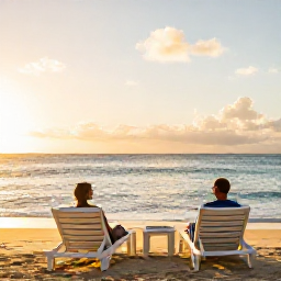 Caribbean Holidays, Antigua Wellness Escapes, Couple relaxing on a quiet Antigua beach at sunset, with two loungers, calm sea and a soft golden sky