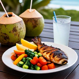 Caribbean Holidays, Antigua Wellness Escapes, Healthy Caribbean lunch in Antigua with fresh tropical fruit, colourful vegetables, grilled fish and coconut water on a shaded terrace