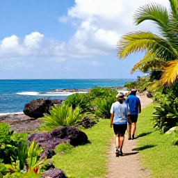 Caribbean Holidays, Antigua Wellness Escapes, Travellers walking along a green coastal trail in Antigua, with rocky shoreline, sea views and bright tropical vegetation