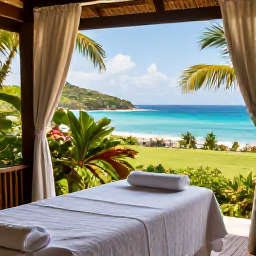 Caribbean Holidays, Antigua Wellness Escapes, Wellness retreat in Antigua with an outdoor treatment room, tropical greenery, soft towels and a view of the Caribbean Sea