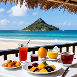 Caribbean Holidays, Antigua Wellness, Fresh tropical fruit, herbal tea and healthy Caribbean breakfast served on a shaded terrace overlooking the sea in Antigua