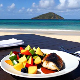 Caribbean Holidays, Antigua Wellness, Healthy Caribbean lunch in Antigua with fresh fruit, colourful salad, grilled fish and a sea view