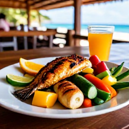 Caribbean Holidays, Antigua Wellness, Healthy Caribbean lunch with fresh fruit, colourful vegetables and grilled fish served at an open-air restaurant in Antigua