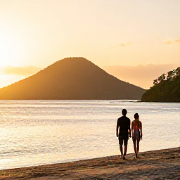 Caribbean Holidays, Antigua Wellness Holidays, Couple walking along a quiet Antigua coastline at sunset, with warm golden light, calm sea and distant green hills