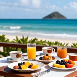 Caribbean Holidays, Antigua Wellness Holidays, Healthy Caribbean breakfast with tropical fruit, fresh juice and herbal tea on a shaded terrace overlooking the sea in Antigua