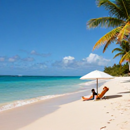 Caribbean Holidays, Antigua Wellness Holidays, Quiet Caribbean beach in Antigua with soft white sand, calm turquoise water, palm trees and a person relaxing beneath a parasol