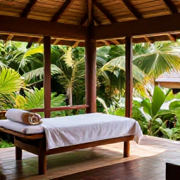 Caribbean Holidays, Antigua Wellness Holidays, Wellness treatment in an elegant open-air spa in Antigua, surrounded by tropical greenery and natural wood, with a calm Caribbean atmosphere