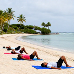 Caribbean Holidays, Antigua Wellness, Open-air yoga session on an Antigua beach, adults stretching on mats beside calm Caribbean water with palm trees in the background