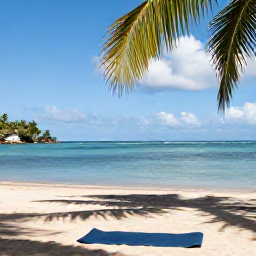 Caribbean Holidays, Antigua Wellness, Outdoor wellness scene in Antigua with a yoga mat on a quiet beach, palm trees and calm blue water