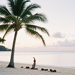 Caribbean Holidays, Antigua Wellness, Outdoor yoga session beside a quiet Antiguan beach, green palms, soft morning light and calm Caribbean water