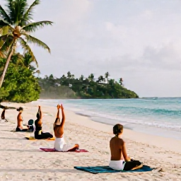 Caribbean Holidays, Antigua Wellness, Outdoor yoga session on an Antigua beach, guests on mats facing the sea, tropical greenery and peaceful morning light