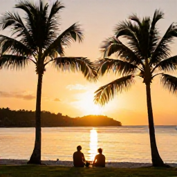 Caribbean Holidays, Antigua Wellness, Peaceful Antigua sunset over a calm bay, silhouettes of palm trees and a couple sitting quietly on the beach