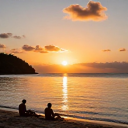 Caribbean Holidays, Antigua Wellness, Peaceful sunset over an Antiguan bay, golden sky, calm water and a couple relaxing near the shoreline