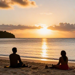Caribbean Holidays, Antigua Wellness, Peaceful sunset over Antigua coastline with two relaxed travellers sitting on a beach, warm golden light and calm sea