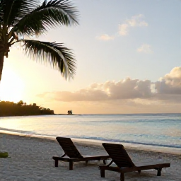 Caribbean Holidays, Antigua Wellness, Quiet Antigua beach at sunrise in December, calm turquoise sea, soft golden light, empty sun loungers and palm trees