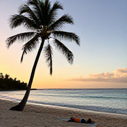 Caribbean Holidays, Antigua Wellness, Quiet Antigua beach at sunrise in November, calm turquoise sea, palm trees and a person relaxing on the sand